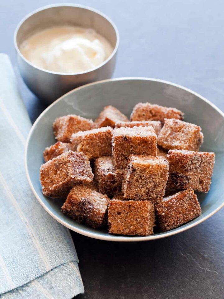 Banana Bread cut into cubes and fried, served with an ice cream dipping sauce.