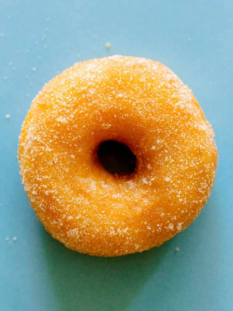 A close up of a sweet potato spudnut coated in sugar and cinnamon.