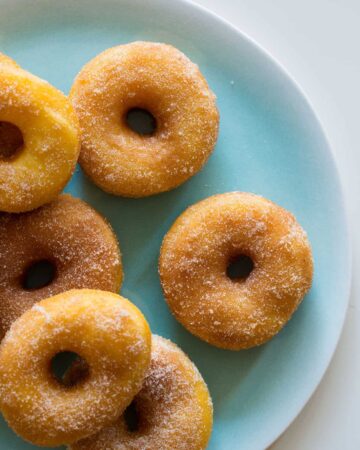 A close up of a plate of sweet potato spudnuts coated with sugar and cinnamon.