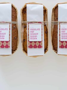 Banana bread gift packaging with label tied with twine.
