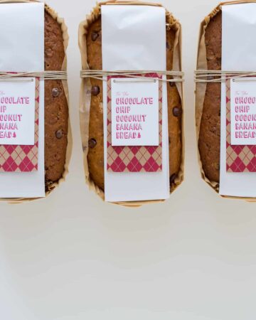 Banana bread gift packaging with label tied with twine.