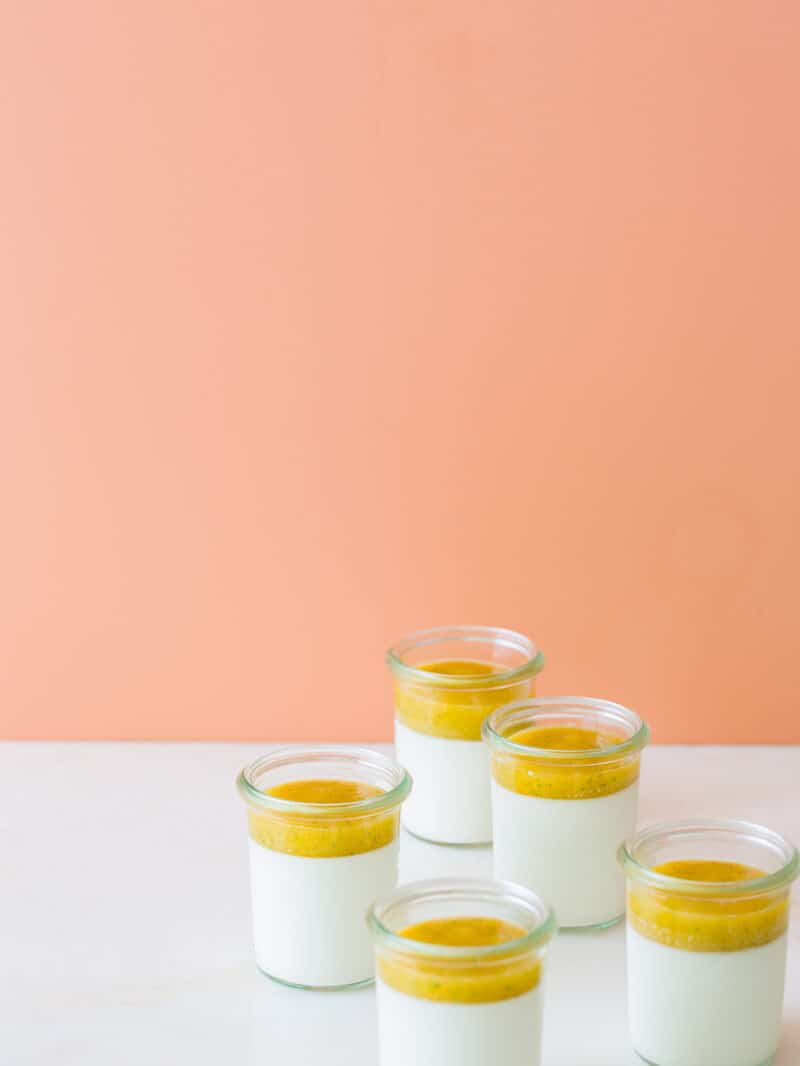 Vanilla Bean Panna Cotta with a mango and sage coulis