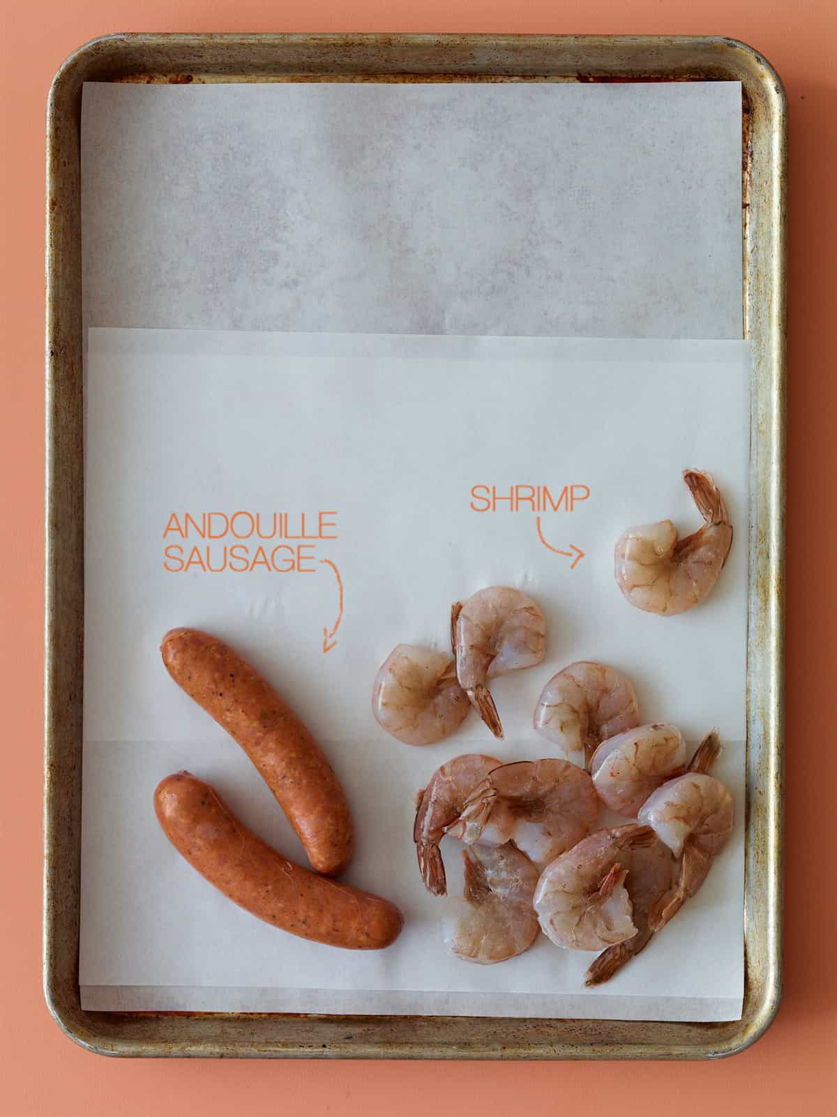 Shrimp and Andouille Jambalaya ingredients. Andouille sausage and shrimp. 