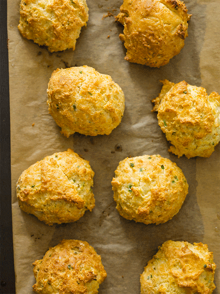 A recipe for Sour Cream and Chive Drop Biscuits. 