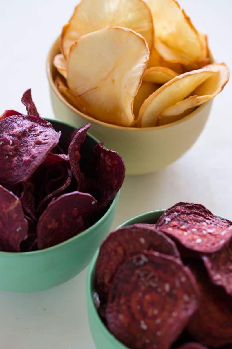 A Root Chip recipe made with yucca, sweet potatoes, and beets.