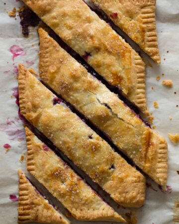 A bias cut blueberry slab pie.