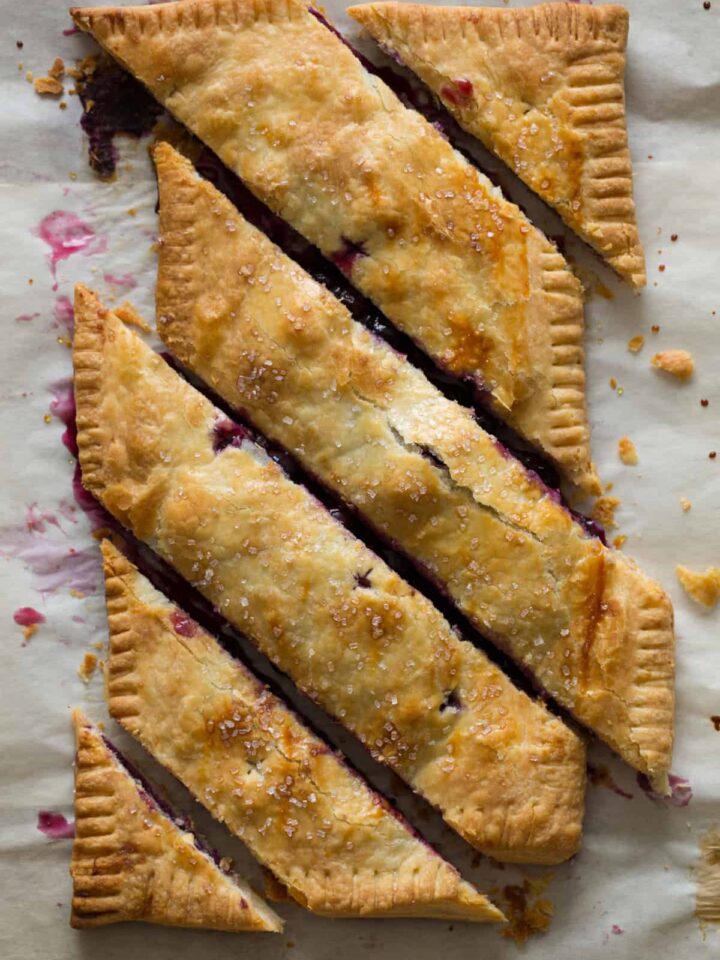 A bias cut blueberry slab pie.