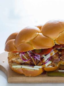 A close up of a fried chicken sandwich.