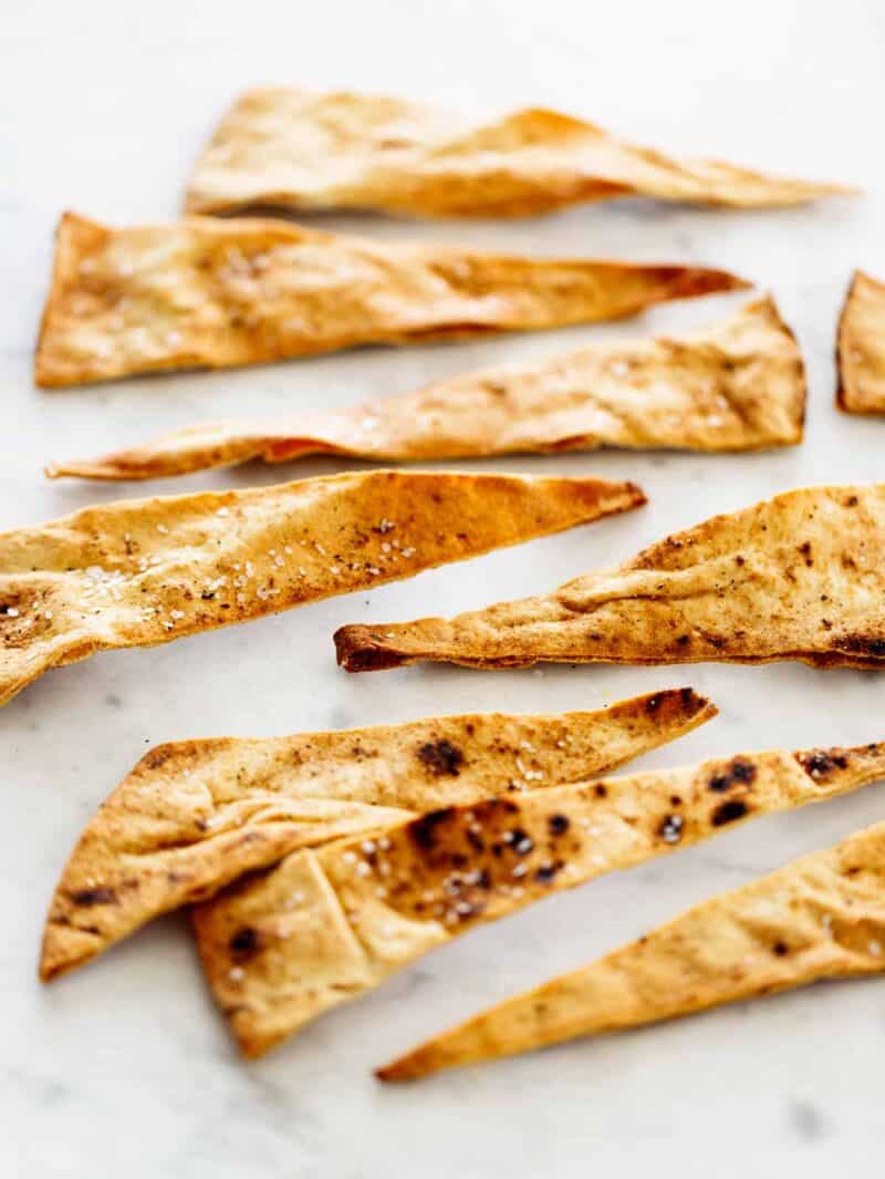 A close up of baked pita chips.