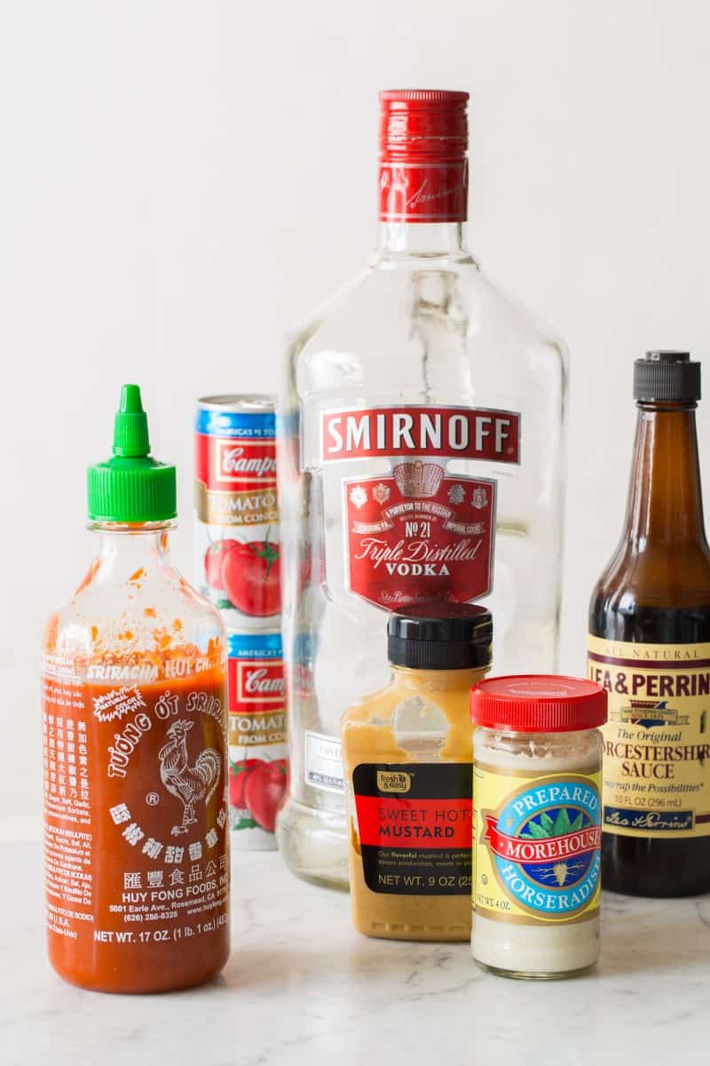 A close up of ingredients for a simple bloody mary.