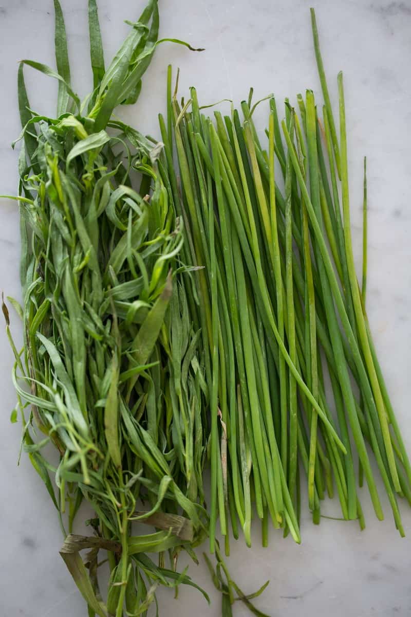 Fresh tarragon and chives on a marble kitchen counter.