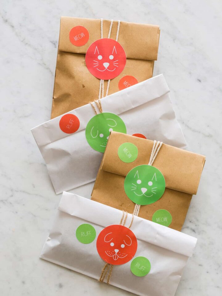 A close up of several wrapped pet presents.