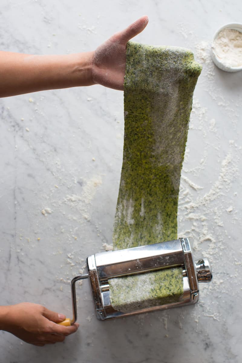 A large piece of spinach pasta dough being pulled though a pasta machine.