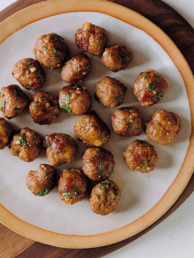 A plate of ginger garlic cocktail meatballs.