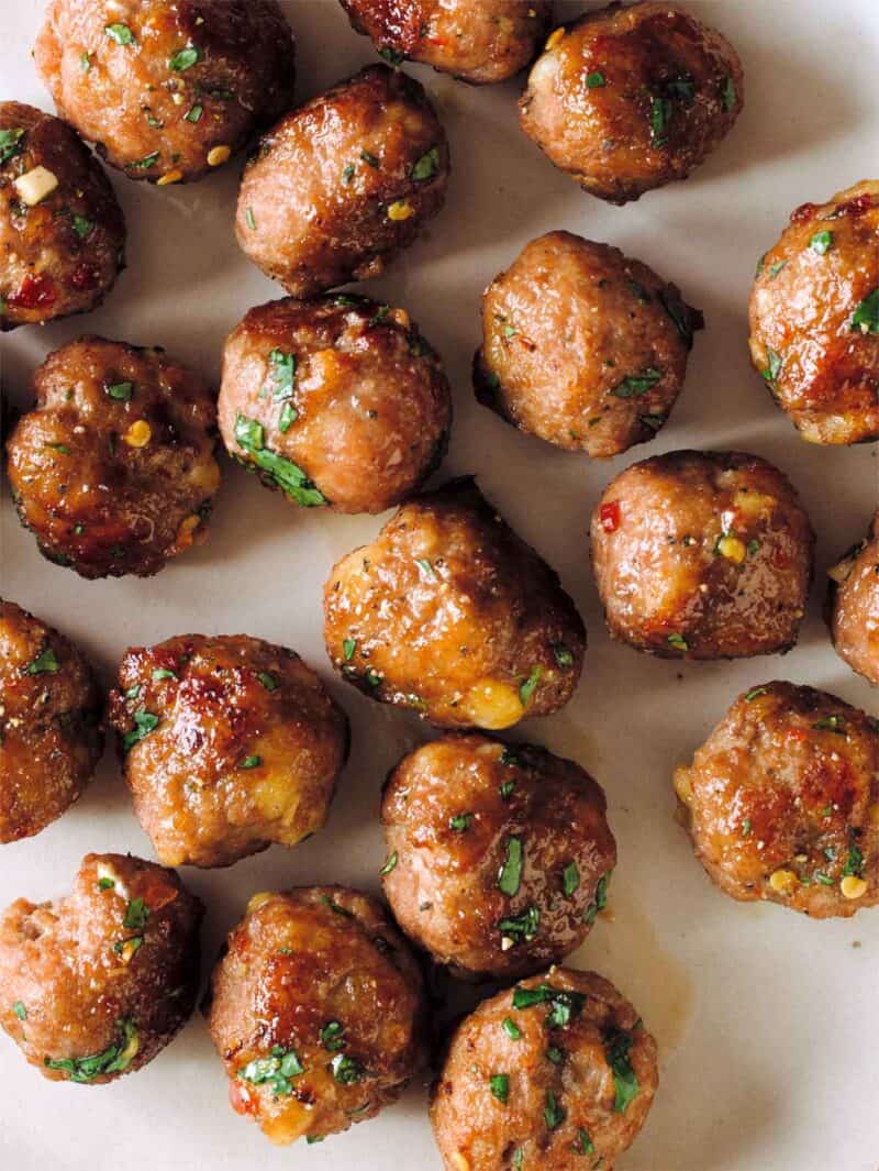 A close up of ginger garlic cocktail meatballs.