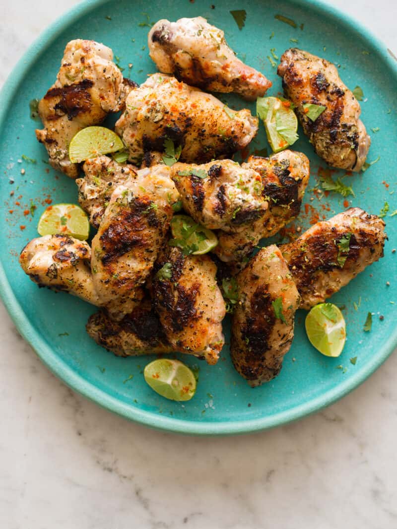 Cilantro Lime and Yogurt Grilled Chicken Wings on a platter. 