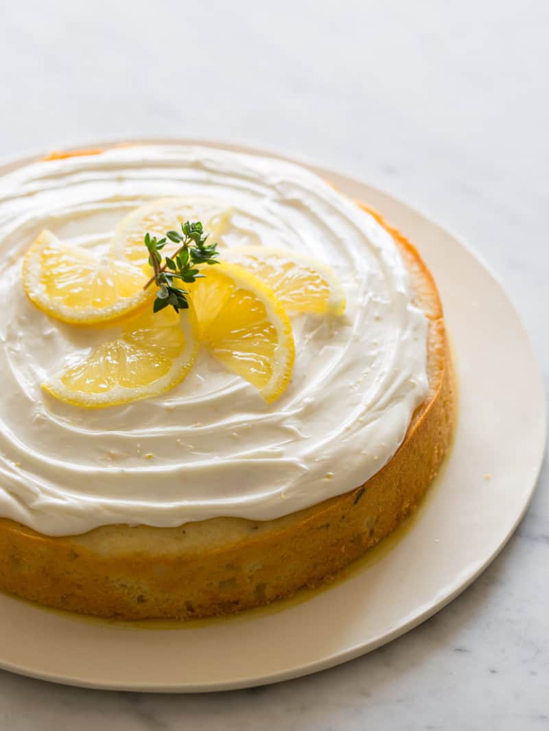 Simply decorated Easy Lemon Thyme Cake recipe. 