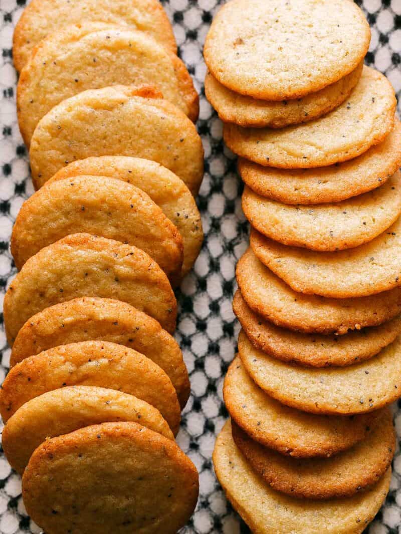 A close up of poppy seed and lemon cookie rows.