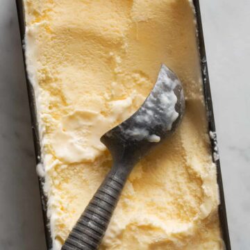 A close up of salted cantaloupe ginger ice cream with an ice cream scoop.