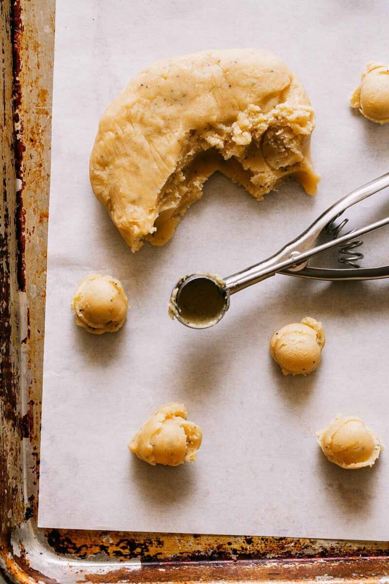 Poppy Seed and Lemon Cookie dough with a cookie scoop. 