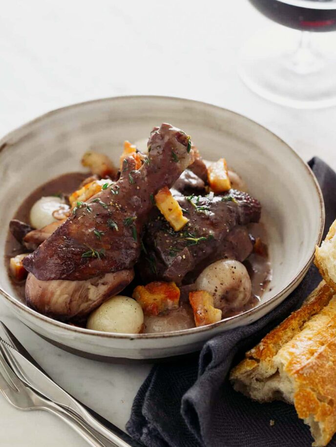 A close up of a bowl of coq au vin with bread, a fork, and a knife.