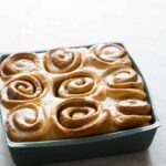 A pan of brown butter cinnamon rolls.