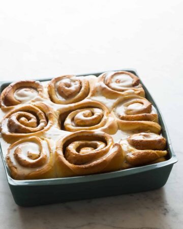 A pan of brown butter cinnamon rolls.