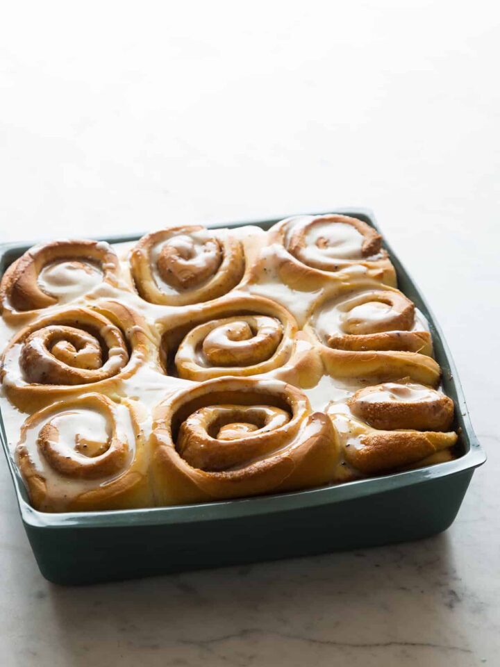 A pan of brown butter cinnamon rolls.