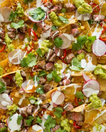 A close up of carne asada nachos.