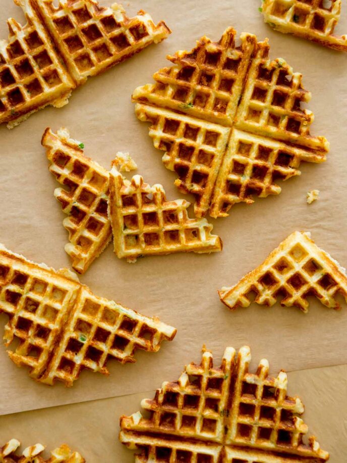 Savory Waffles shot overhead with some broken in half. 