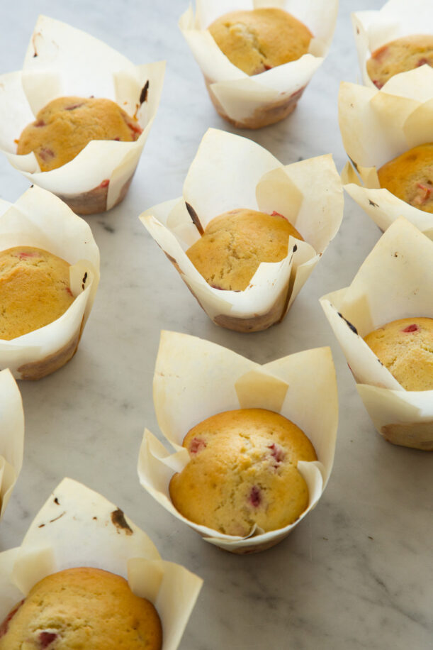 Freshly baked strawberry rhubarb muffins. 