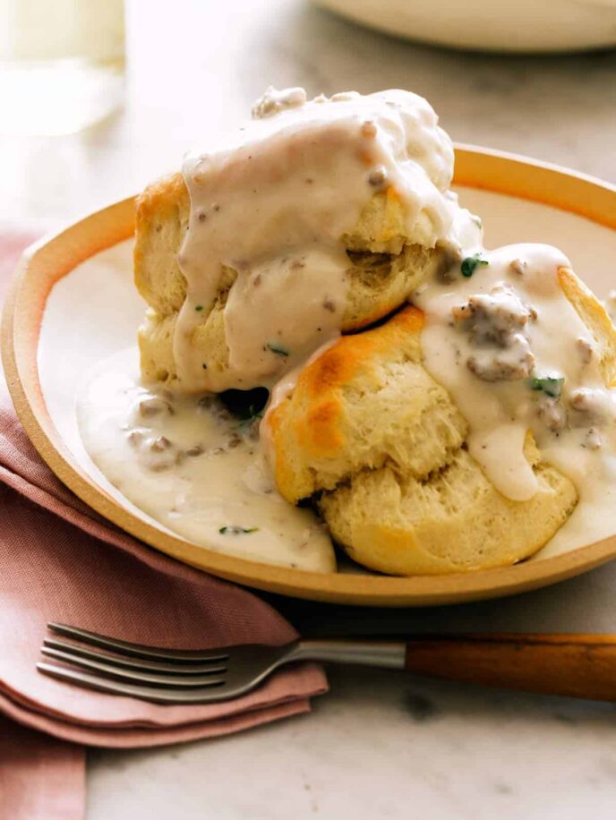 Close up of biscuits and gravy.
