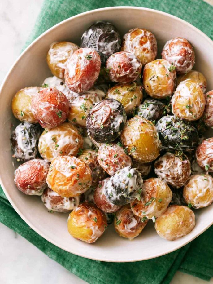 Creamy Roasted Potato Salad in a bowl on top of a green napkin.