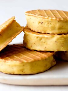 Browned Butter Ice Cream Sandwiches stacked on a platter.