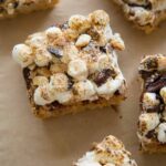 A close up of sliced s'mores rice krispies treats.