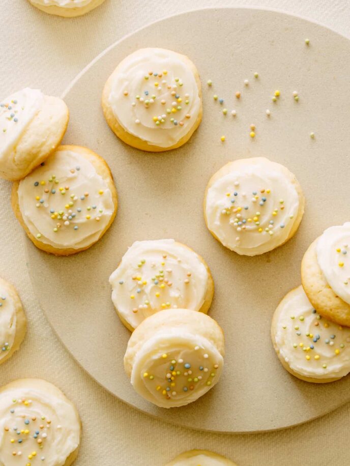 Soft and fluffy sugar cookies with vanilla frosting and sprinkles.