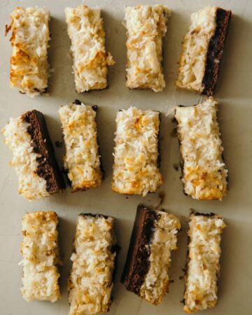 Coconut and peanut butter brownie bars sliced and lined up.