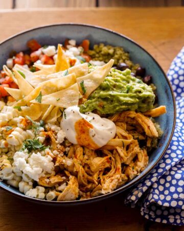 A close up of a honey chipotle chicken burrito bowl.
