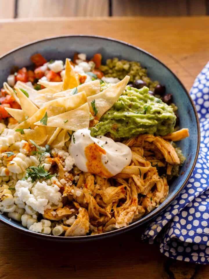 A close up of a honey chipotle chicken burrito bowl.