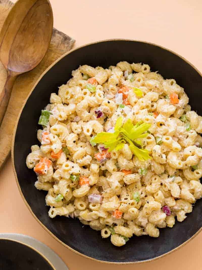 Hawaiian Style Macaroni Salad recipe in a bowl. 