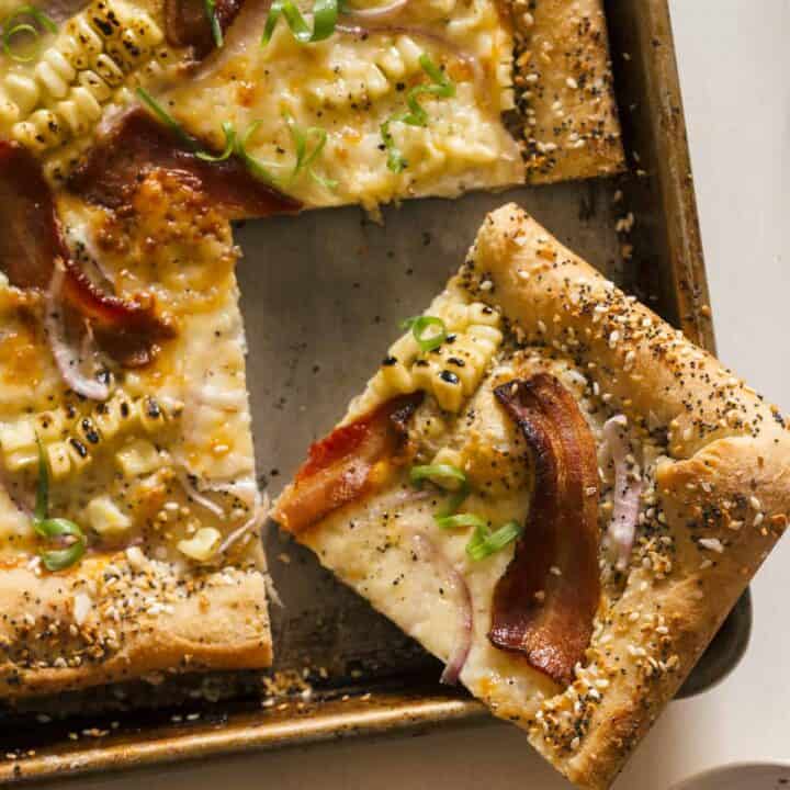 Charred Corn + Bacon Pizza with a Cream Cheese Stuffed Crust