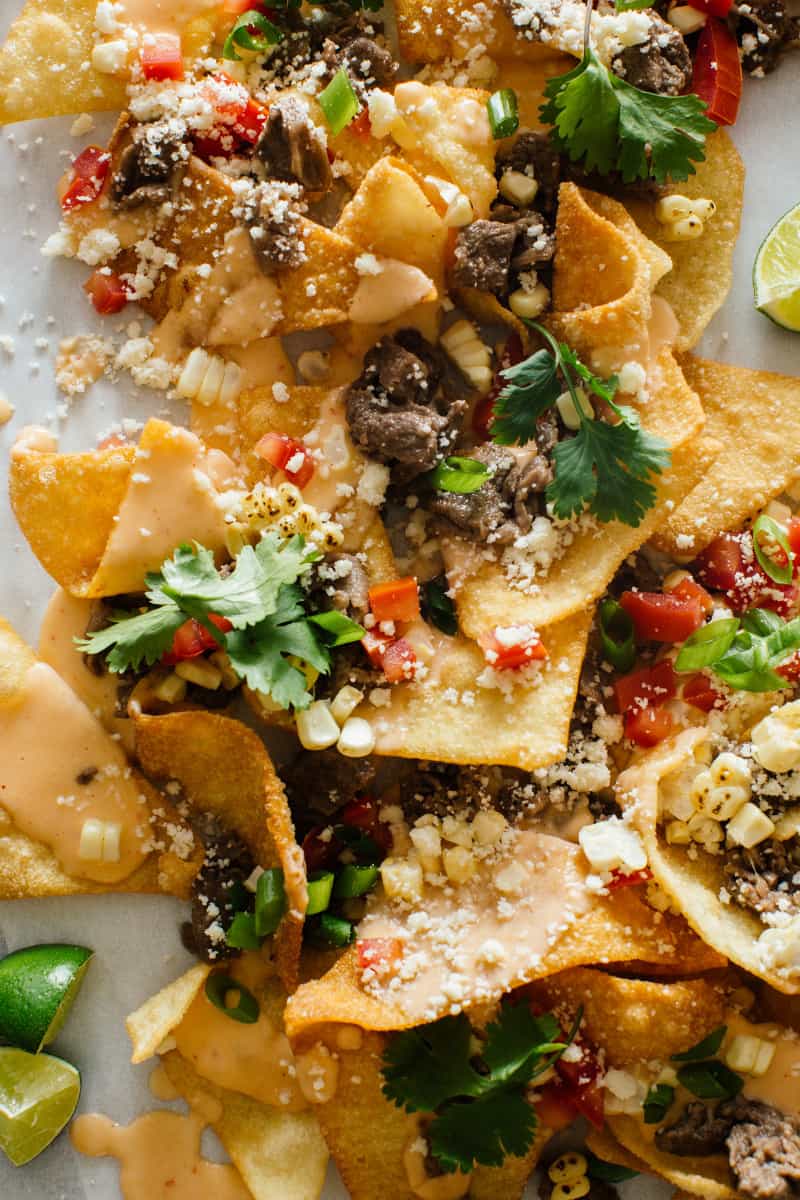 A close up of Korean BBQ nachos.