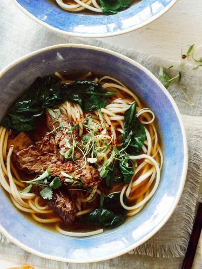 Beef noodle soup recipe in two bowls.