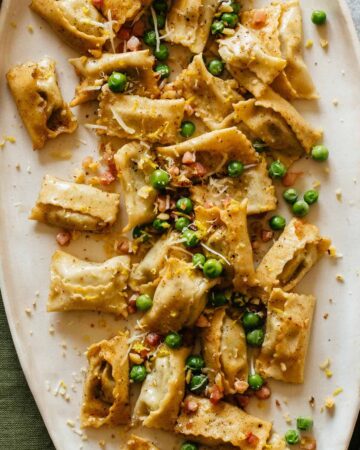 Creamy sweet pea pesto agnolotti.