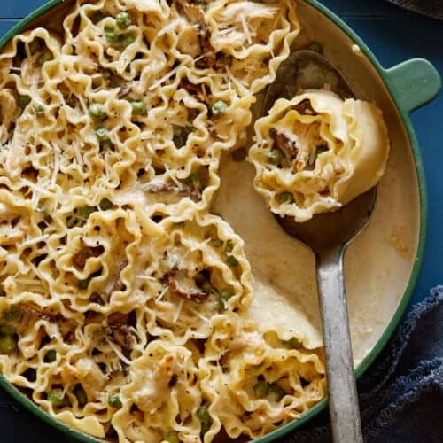 Chicken alfredo lasagne roll ups in a pan, serving with a spoon.