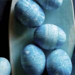 Shibori style easter eggs on a platter finished.