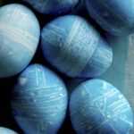 Shibori style easter eggs close up.