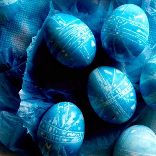 Shibori style easter eggs dyed on a napkin. 