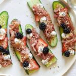 A plate of prosciutto cucumber crostini.