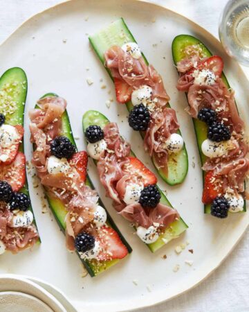 A plate of prosciutto cucumber crostini.